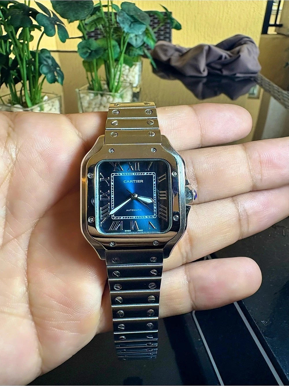 Cartier Santos Small Model Watch Blue & Silver